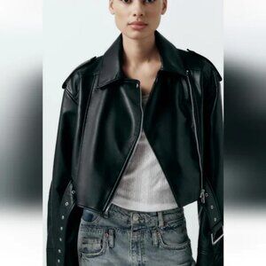ZARA FAUX LEATHER CROP BIKER JACKET